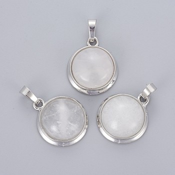 Natural Quartz Crystal Pendants, with Brass Findings, Half Round, Platinum, 23~24x19~20x8~10mm, Hole: 8x5mm