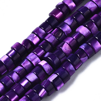 Natural Trochus Shell Beads Strands, Dyed, Flat Round/Disc, Heishi Beads, Indigo, 4x2mm, Hole: 0.8mm, about 154~160pcs/strand, 14.96~15.75 inch(38~40cm)