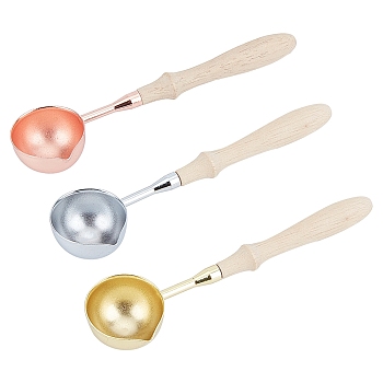 CRASPIRE 3Pcs 3 Colors Brass Handle Wax Sealing Stamp Melting Spoon, with Beechwood Handle, for Wax Seal Stamp Melting Spoon Wedding Invitations Making, Mixed Color, 11.7x3x1.6cm, 1pc/color