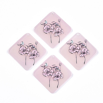 Acrylic Pendants, 3D Printed, Rhombus with Flower Pattern, Pink, 42x42x3mm, Hole: 1.8mm, Side Length: 32mm