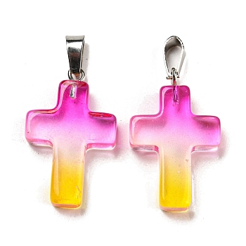Glass Pendant, with Platinum Iron Findings, Cross Charms, Fuchsia, 29x18x5.5mm, Hole: 7x3.5mm
