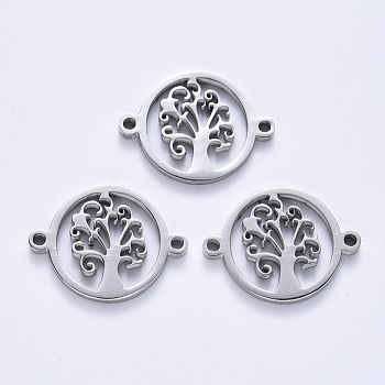 201 Stainless Steel Links Connectors, Laser Cut, Flat Round with Tree, Stainless Steel Color, 14.5x19.5x1.5mm, Hole: 1.2mm