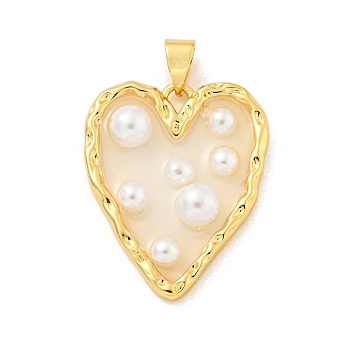 Rack Plating Brass & Epoxy Resin Pendants, Heart Charms with Plastic Beads, Long-Lasting Plated, Lead Free & Cadmium Free, Real 18K Gold Plated, 25x20.5x5mm, Hole: 5x3mm