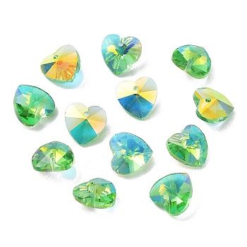 Electroplate Glass Charms, AB Color Plated, Faceted Heart, Lime, 10x10x5~5.5mm, Hole: 1~1.2mm