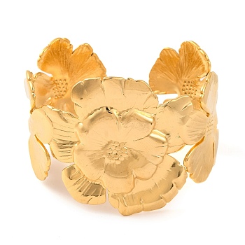 304 Stainless Steel Open Cuff Bangles for Women, Real 18K Gold Plated, Flower, Inner Diameter: 2-1/8 inch(5.3cm), 42mm