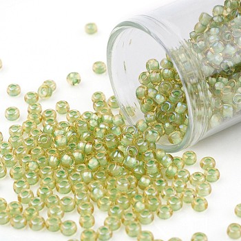 TOHO Round Seed Beads, Japanese Seed Beads, (946) Light Green Lined Topaz, 8/0, 3mm, Hole: 1mm, about 222pcs/10g