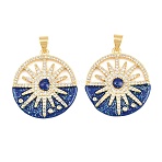 Brass Micro Pave Clear Cubic Zirconia Pendants, with Blue Enamel, Flat Round with Sun Charms, Rack Plating, Long-Lasting Plated, Lead Free & Cadmium Free, Real 18K Gold Plated, 27x24x3mm, Hole: 5x3mm(CU-CBA7E9C-03G)