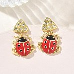 Ladybug Brass Micro Pave Cubic Zirconia Dangle Stud Earrings for Women, with Enamel, Rack Plating, Long-Lasting Plated, Lead Free & Cadmium Free, Real 18K Gold Plated, 26x16mm(EJEW-A167-17G)