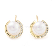 Flat Round Brass with Glass with Stud Earrings, with Plastic Pearl, Light Gold, 11x11.5mm(EJEW-Q800-09KCG)