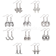 10 Pair 10 Style Alloy Dangle Earrings with 304 Stainless Steel Pins, Cowboy Hat & Horseshoe & Cactus & Boot, Antique Silver, 37~44mm, 1 Pair/style(EJEW-AB00035)