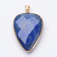 Faceted Natural Lapis Lazuli Pendants, with Golden Tone Brass Findings, teardrop, 40x27x7~9mm, Hole: 4x5mm(X-G-F340-02A)