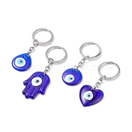 Handmade Lampwork Evil Eye Pendants Keychain, with Alloy Split Key Rings, Heart & Flat Round & Hamsa Hand & Teardrop, Blue, 9~10.9cm(KEYC-JKC00363)