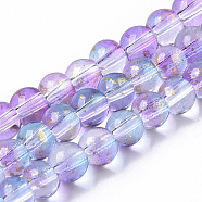 Transparent Spray Painted Glass Bead Strands, with Golden Foil, Round, Plum, 6~7mm, Hole: 1.2~1.5mm, about 65~67pcs/Strand, 14.76 inch~15.12 inch(37.5~38.4cm)(GLAA-N035-03B-B05)