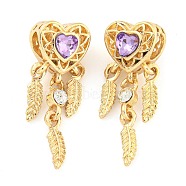 Rack Plating Alloy Pave Violet Rhinestone Heart with Feather European Dangle Charms, Large Hole Pendants, Cadmium Free & Nickel Free & Lead Free, Golden, 32.5x11.5x10.5mm, Hole: 4.7mm(FIND-B034-19G-03)