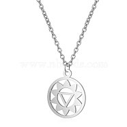 201 Stainless Steel Pendants Necklaces, with Cable Chains, Flat Round with Flower, Stainless Steel Color, 16.3 inch(40cm), 1mm(NJEW-S069-TN527-1)