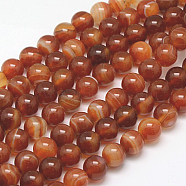 Natural Striped Agate/Banded Agate Beads Strands, Dyed, Round, FireBrick, 10mm, Hole: 1mm, about 38pcs/strand, 15 inch(X-G-G591-10mm-03)