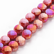 Opaque Electroplate Glass Beads Strands, AB Color Plated, Faceted, Flat Round, Cerise, 8x5mm, Hole: 1.5mm, about 72~73pcs/strand, 20.87 inch(53cm)(EGLA-N007-002-B02)