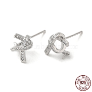 Rhodium Plated 925 Sterling Silver Micro Pave Cubic Zirconia Stud Earing Findings, for Half Drilled Beads, with S925 Stamp, Real Platinum Plated, 10x10.5mm, Pin: 0.9mm and 11x0.9mm(STER-P056-08P)
