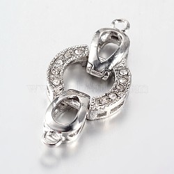 Brass Fold Over Clasps, with Alloy Rhinestone Findings, Platinum, 35x15.5x4mm, Hole: 2mm(ALRI-E116-01P)