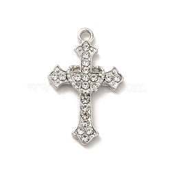 Alloy Crystal Rhinestone Pendants, Corss with Heart Charm, Platinum, 27x17x3mm, Hole: 2mm(ALRI-K050-07P)