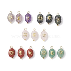 3Pcs Natural Mixed Gemstone Pendants, Oval Charms with Brass Sun & Moon & Star Slices, Golden, 28.5x9.5x6mm, Hole: 2mm(PALLOY-JF02695)