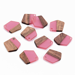 Transparent Resin & Walnut Wood Pendants, Waxed, Polygon, Deep Pink, 20.5x18.5x3~4mm, Hole: 2mm(RESI-S384-003A-B03)