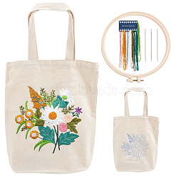 DIY Flower Pattern Tote Bag Embroidery Making Kit, Including Embroidery Needles & Thread, Cotton Cloth Bag, Plastic Embroidery Frame, White, 615mm(DIY-WH0349-21A)