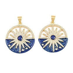 Brass Micro Pave Clear Cubic Zirconia Pendants, with Blue Enamel, Flat Round with Sun Charms, Rack Plating, Long-Lasting Plated, Lead Free & Cadmium Free, Real 18K Gold Plated, 27x24x3mm, Hole: 5x3mm(CU-CBA7E9C-03G)