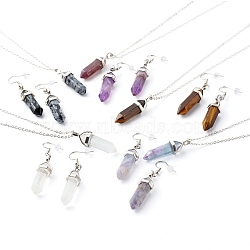 Bullet Shaped Natural Mixed Gemstone Jewelry Sets, Pendant Necklaces & Dangle Earrings, with 304 Stainless Steel Chain Extender & Zinc Alloy Lobster Claw Clasps, 16.53 inch(42cm), 2mm, 57mm, Pin: 0.8mm(SJEW-JS01204)