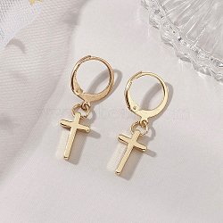 304 Stainless Steel Leverback Earrings, with Brass Cross Charm, Golden, 29.5x8.5mm(EJEW-JE06885)