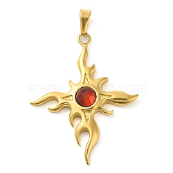304 Stainless Steel Big Pendants, with Acrylic Rhinestone, Cross with Sun Charm, Golden, Dark Red, 55.5x46x6.5mm, Hole: 10x4.5mm(STAS-R229-02D-G)