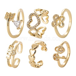 6Pcs 6 Styles Brass Micro Pave Clear Cubic Zirconia Cuff Rings, Open Rings, Long-Lasting Plated, Arrow & Heart & Key and Lock & Word LOVE and Heart & Infinity, Golden, Inner Diameter: 16~18.6mm, 1pc/style (RJEW-LS0001-43G)