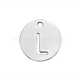 Non-Tarnish 201 Stainless Steel Charms, Flat Round with Letter, Stainless Steel Color, Letter.L, 12x1mm, Hole: 1.5mm(STAS-Q201-T051-L)