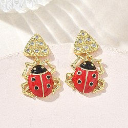 Ladybug Brass Micro Pave Cubic Zirconia Dangle Stud Earrings for Women, with Enamel, Rack Plating, Long-Lasting Plated, Lead Free & Cadmium Free, Real 18K Gold Plated, 26x16mm(EJEW-A167-17G)