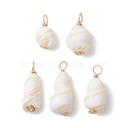 Natural Conch Shell Pendants, with Copper Wire, Shell Shape Charms, Light Gold, 14~23x8~10x8~10mm, Hole: 3mm(PALLOY-JF02808-02)