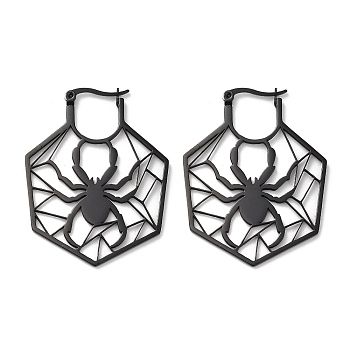 304 Stainless Steel Hoop Earrings, Spider, Black, 44.5x34.5x1mm