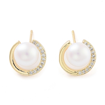 Flat Round Brass with Glass with Stud Earrings, with Plastic Pearl, Light Gold, 11x11.5mm