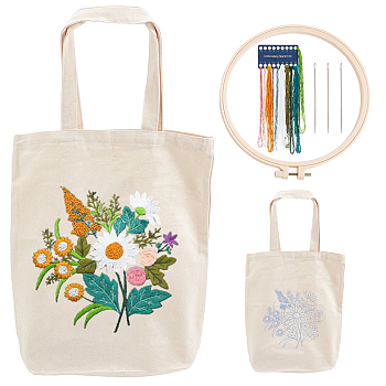 DIY Flower Pattern Tote Bag Embroidery Making Kit, Including Embroidery Needles & Thread, Cotton Cloth Bag, Plastic Embroidery Frame, White, 615mm