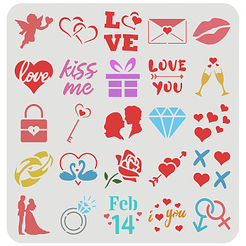 Plastic Reusable Drawing Painting Stencils Templates, for Painting on Scrapbook Fabric Tiles Floor Furniture Wood, Square, Valentine's day Themed Pattern, 300x300mm