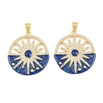 Brass Micro Pave Clear Cubic Zirconia Pendants, with Blue Enamel, Flat Round with Sun Charms, Rack Plating, Long-Lasting Plated, Lead Free & Cadmium Free, Real 18K Gold Plated, 27x24x3mm, Hole: 5x3mm