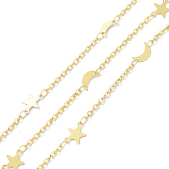 Brass Beaded Chains, with Spool, Long-Lasting Plated, Moon & Star, Soldered, Golden, 1.5~10x1~7x0.2mm, about 10.93 yards(10m)/roll