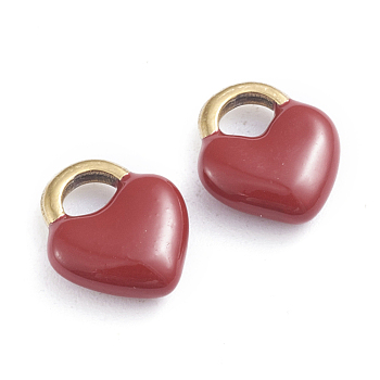 Ion Plating(IP) 304 Stainless Steel Charms, Enamelled Sequins, Lock, Golden, Dark Red, 11x9.5x3.5mm, Hole: 3.5x2.5mm