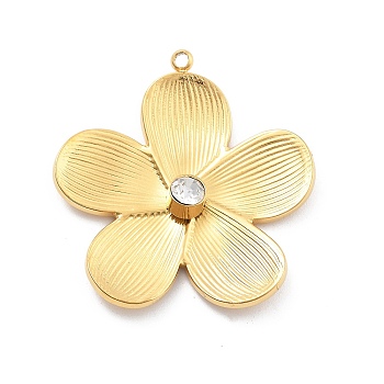 304 Stainless Steel Pendants, with Rhinestone, PVD Vacuum Plating, Flower Charms, Real 18K Gold Plated, 28.5x27x5.5mm, Hole: 1.4mm