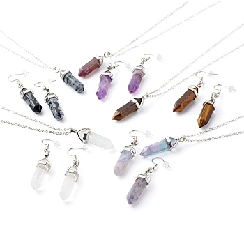 Bullet Shaped Natural Mixed Gemstone Jewelry Sets, Pendant Necklaces & Dangle Earrings, with 304 Stainless Steel Chain Extender & Zinc Alloy Lobster Claw Clasps, 16.53 inch(42cm), 2mm, 57mm, Pin: 0.8mm