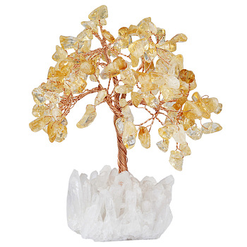 Natural Citrine Chips Tree Decorations, Natural Quartz Crystal Cluster Base Copper Wire Feng Shui Energy Stone Gift for Home Desktop Decoration, 114~140x76~89mm