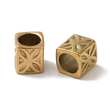 Ion Plating(IP) 304 Stainless Steel European Beads, Large Hole Beads, Cuboid with Flower, Golden, 7x6x6mm, Hole: 4.5mm