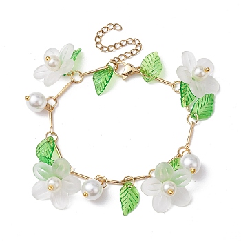 Acrylic Flower & Glass Pearl Charm Bracelets, with Brass Chains, White, 6-7/8~7-1/8 inch(17.5~18cm)