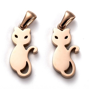 Ion Plating(IP) 304 Stainless Steel Pendants, Manual Polishing, Cat, Rose Gold, 22x10.5x3mm, Hole: 6x2.5mm