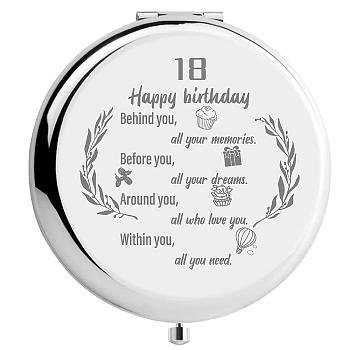 304 Stainless Steel Customization Mirror, Flat Round with Word, Birthday Themed Pattern, 70x65mm
