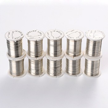 Round Copper Jewelry Wire, Nickel Free, Silver, 0.3mm, about 32.8 Feet(10m)/roll, 10 rolls/batch